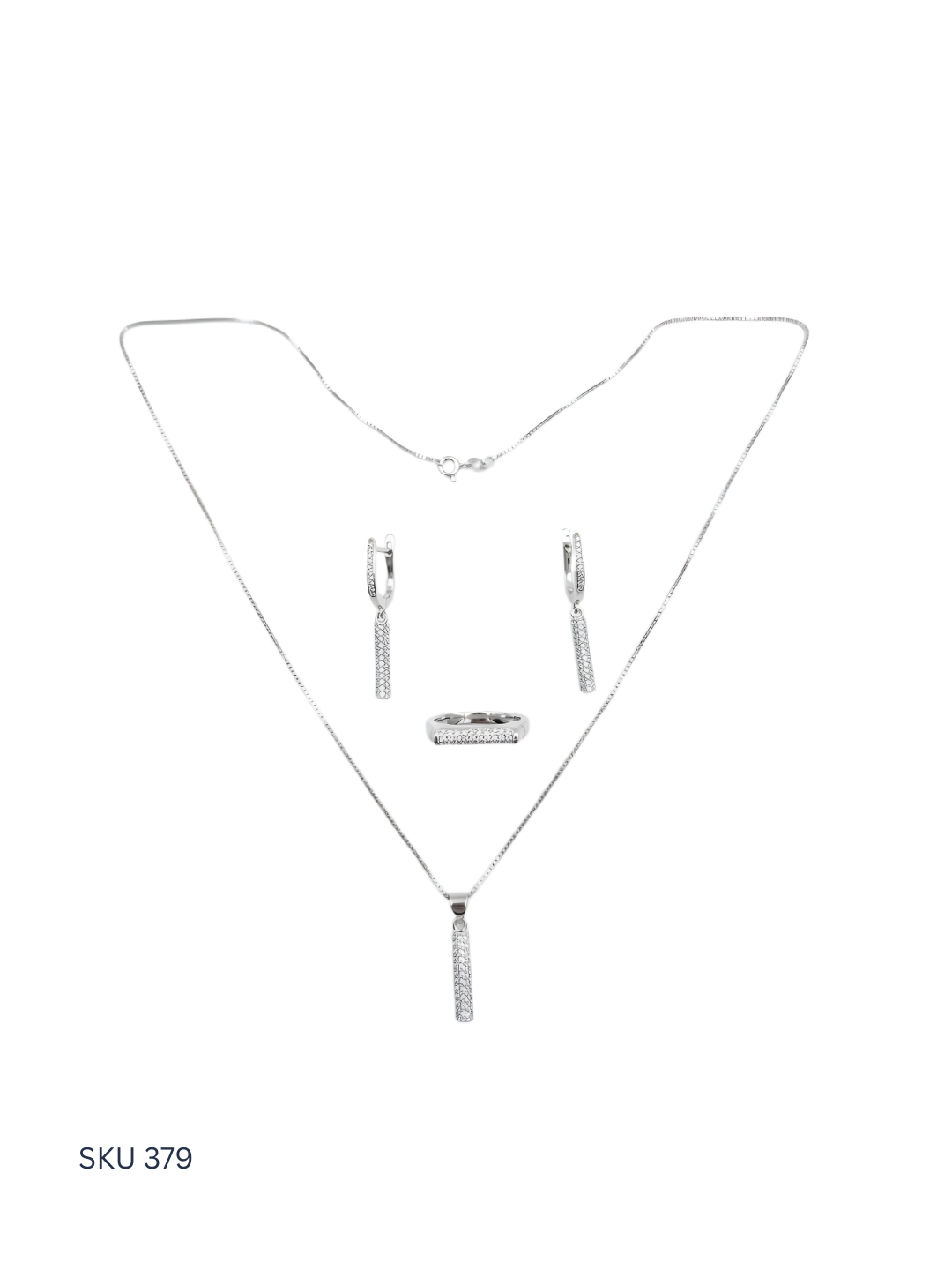 Silver necklace and earrings set on a white background with SKU 379.