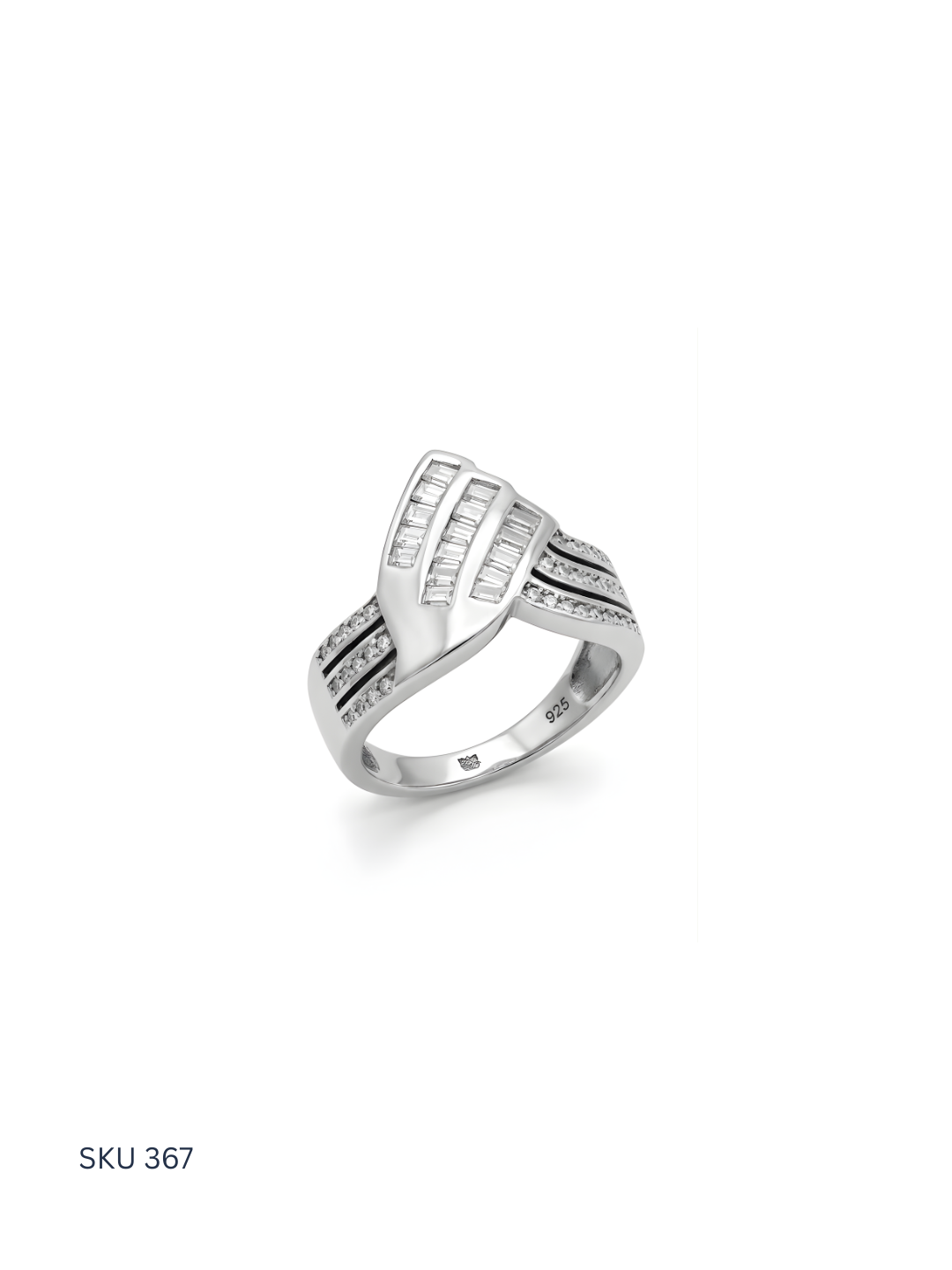 Silver ring with diamond accents on a white background