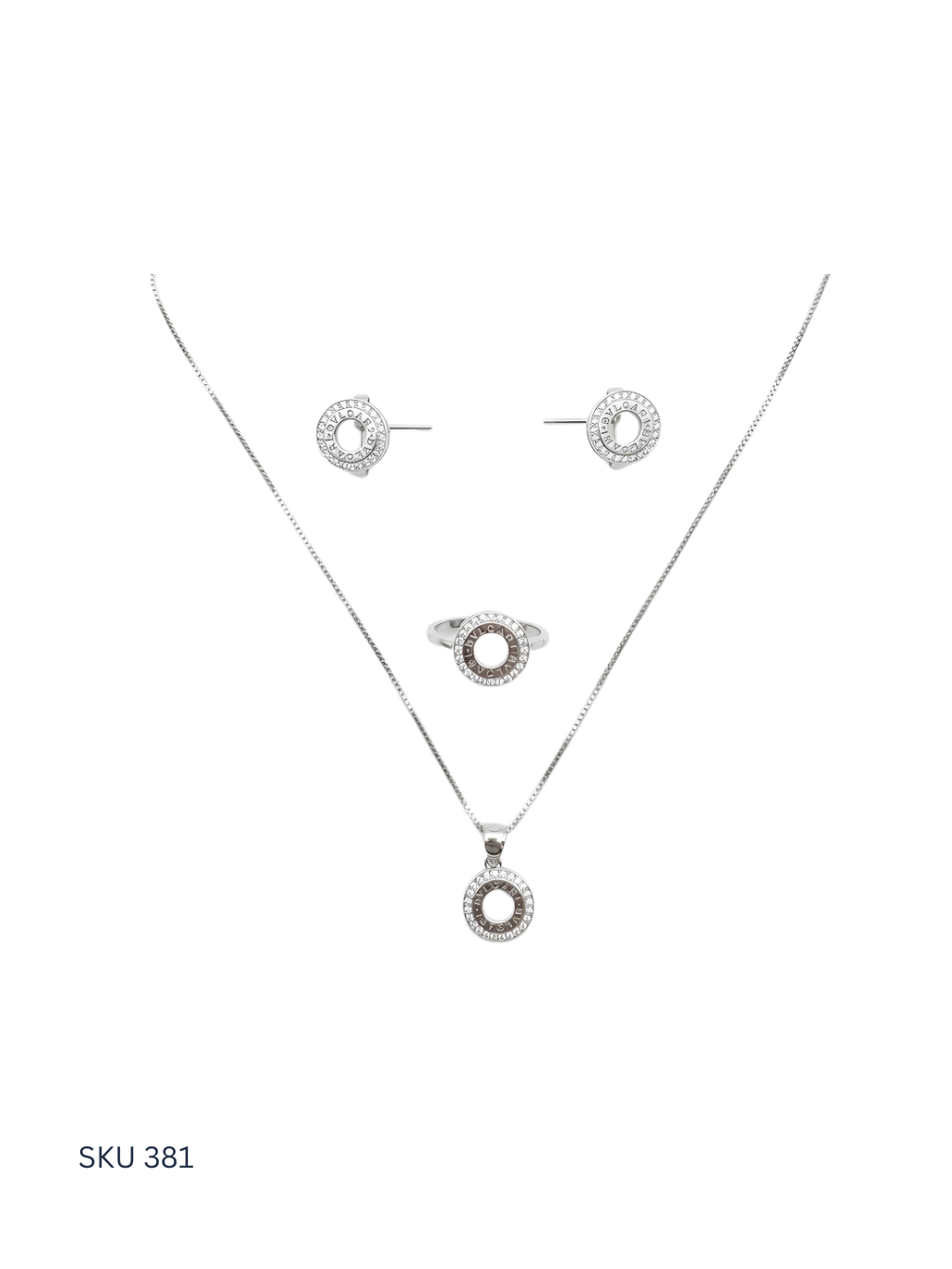Silver necklace and earrings set on a white background with 'SKU 381' text.