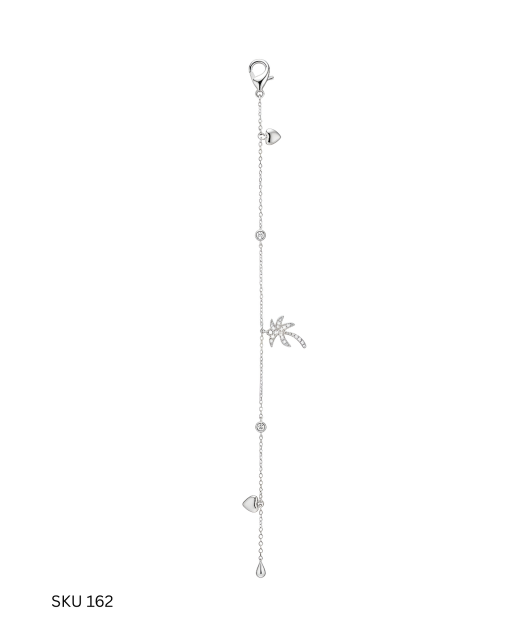 A tropical palm tree anklet crafted from Italian 925 sterling silver with platinum plating. Light and elegant, it is perfect for summer styling and relaxed elegance.