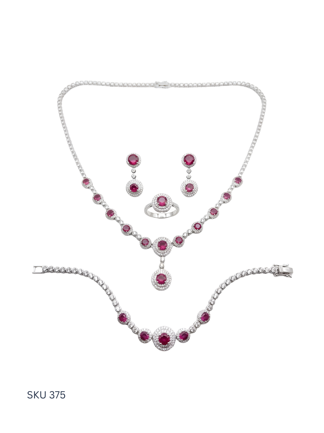 Jewelry set with necklace, ring, and bracelet featuring red gemstones on a white background.