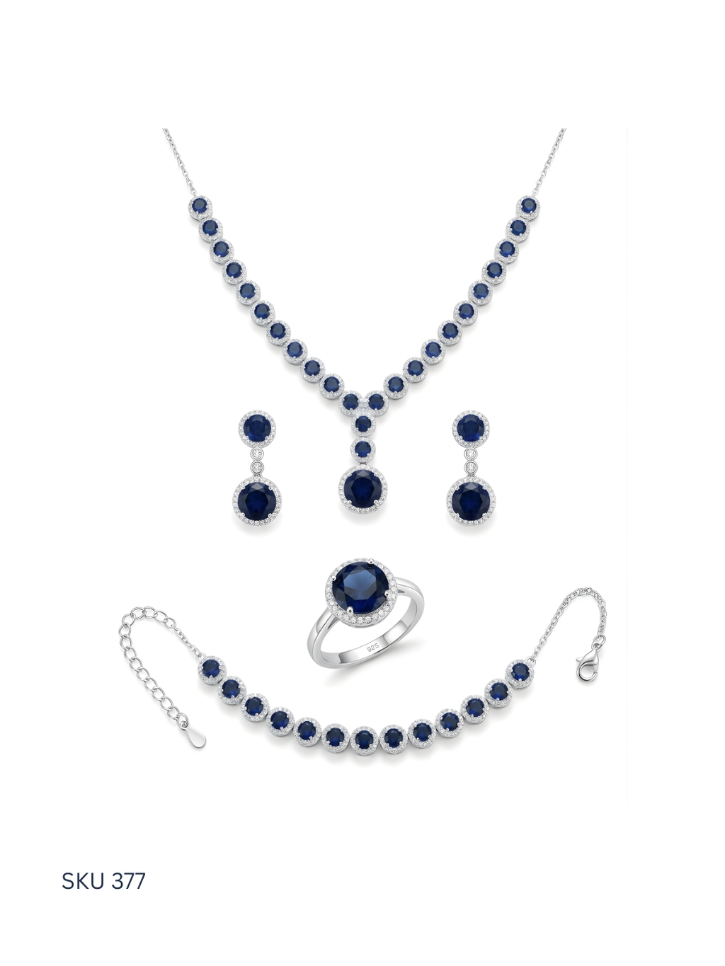 Jewelry set with necklace, earrings, bracelet, and ring featuring blue stones on a white background.