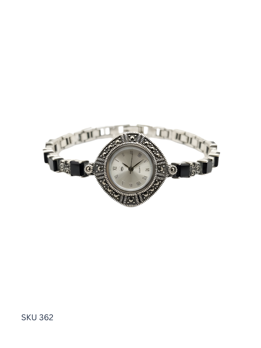 Silver watch with decorative band on a white background