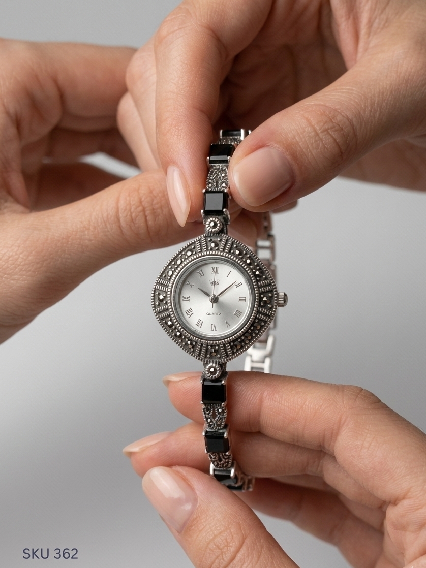 Vintage-Style Sterling Silver Marcasite Quartz Watch with Onyx Accents