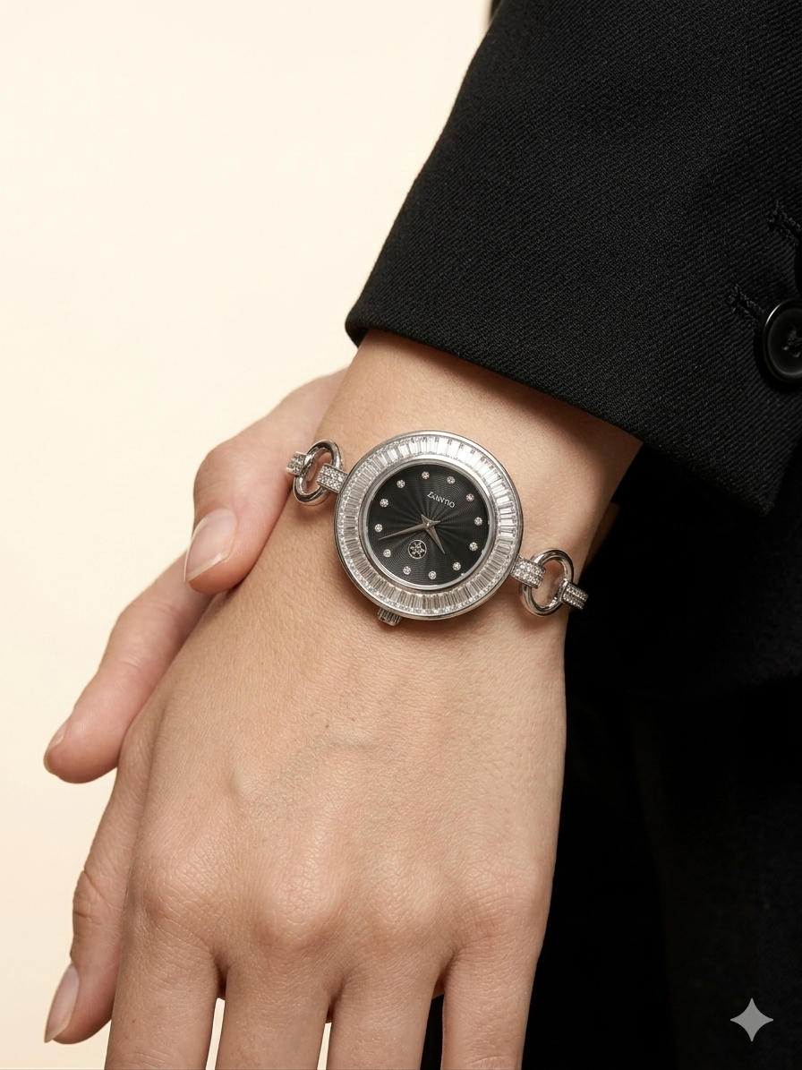 Luxe Baguette Crystal Halo Sterling Silver Bracelet Watch with Black Dial