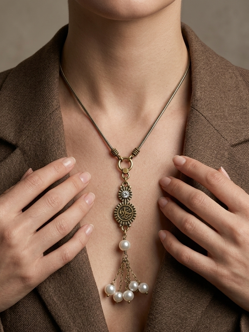 Antique Brass "Sa’adah" Calligraphy Necklace with Crystal & Pearl Tassel