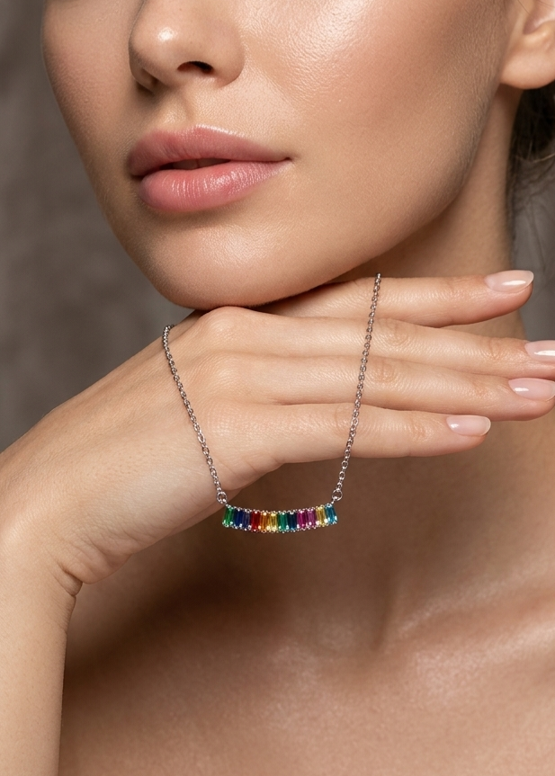 Rainbow Bar Necklace Platinum Plated 925 Silver
