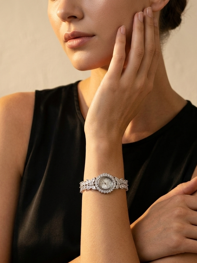 Vintage-Inspired Marquise Crystal Leaf Sterling Silver Bracelet Watch