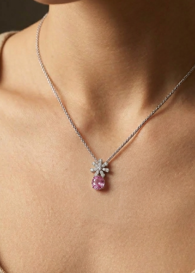 Flower Necklace with Pink Stone 925 Silver