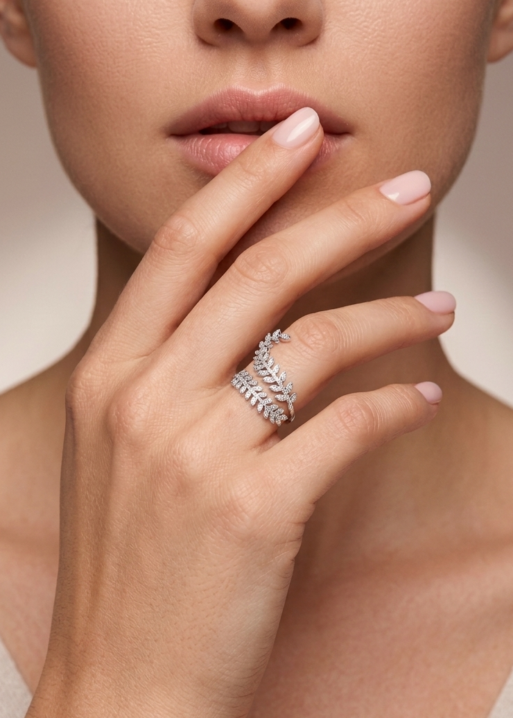 Sparkling Pavé Fern Leaf Bypass Ring in Sterling Silver