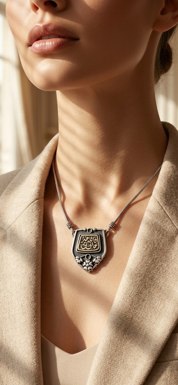 Antique Silver Shield Necklace with Golden Calligraphy