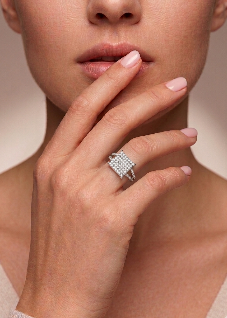 Statement Pavé Crystal Square Cocktail Ring in Sterling Silver