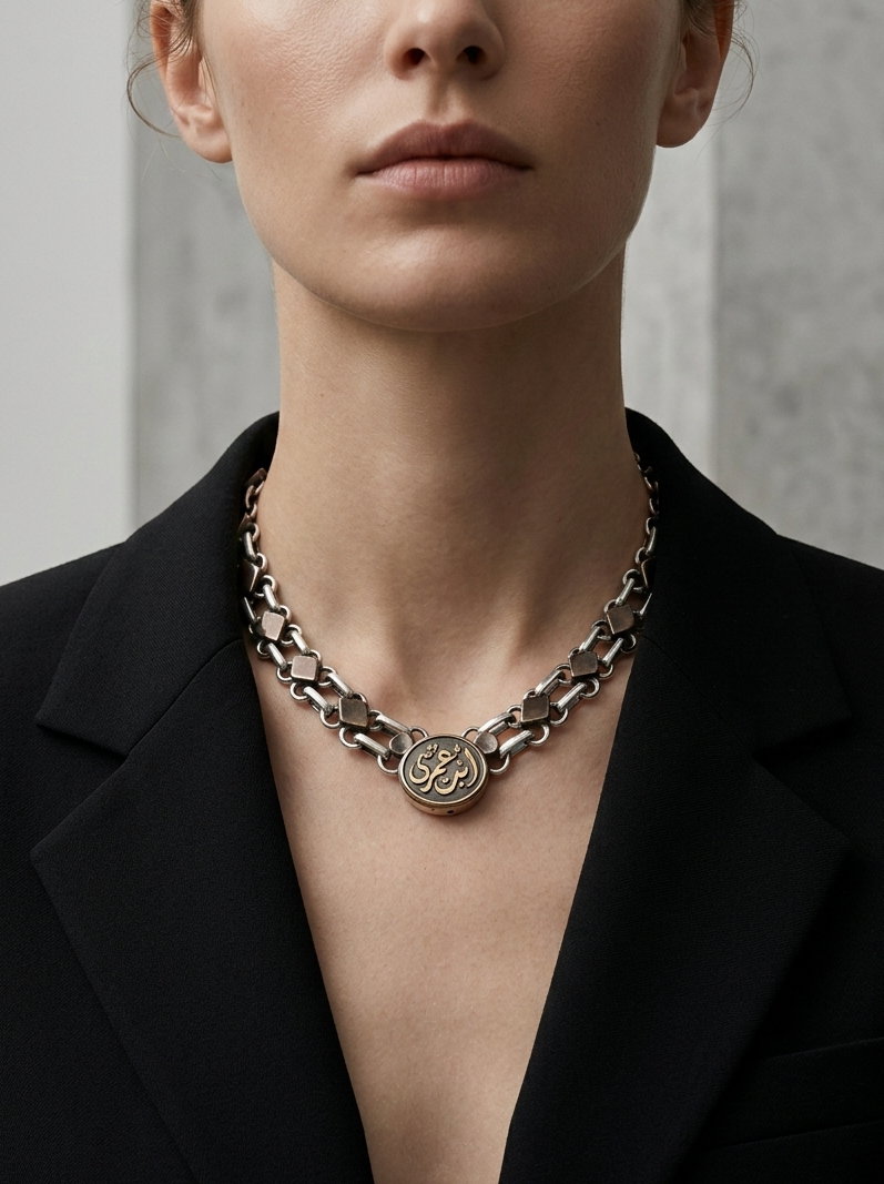 Silver-Tone Industrial Link Necklace with "Enti Omri" Medallion