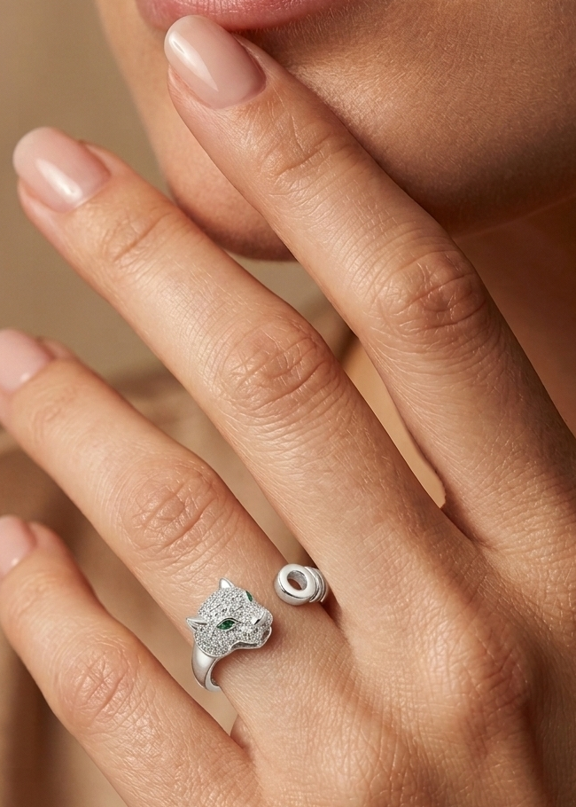 Pavé Crystal Panthère Adjustable Bypass Ring in Sterling Silver